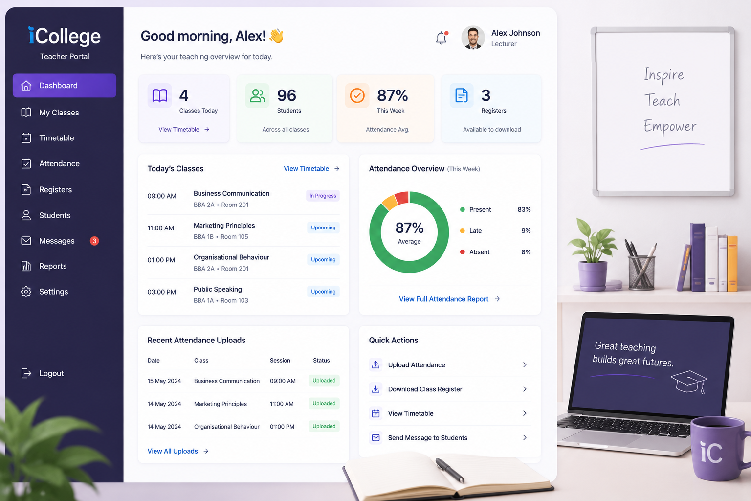 Teacher attendance upload and class register software